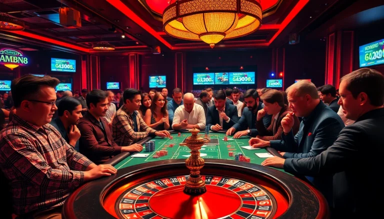 Players enjoying new88 online poker action with colorful chips and intense focus in a lively casino atmosphere.