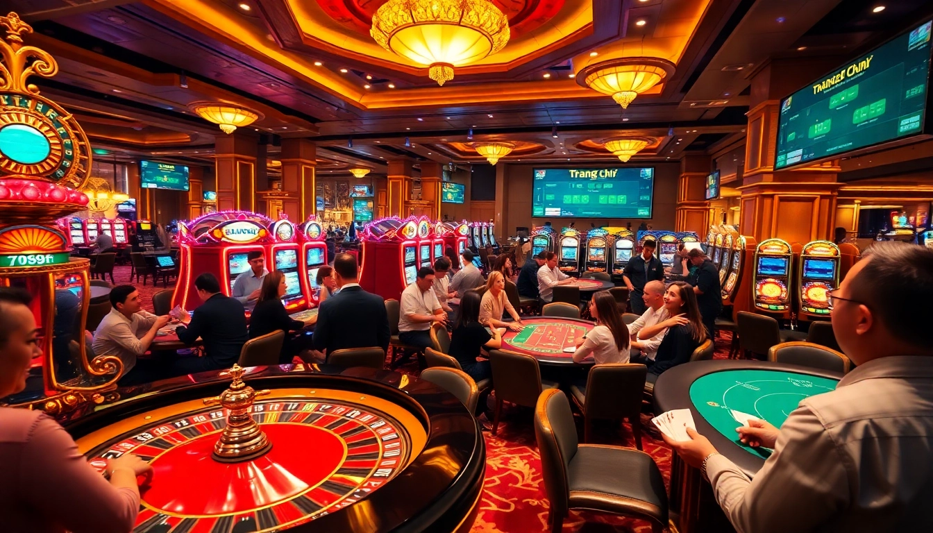 Casino atmosphere showcasing players enjoying gaming, highlighting trang chủ 789f and excitement of online betting.